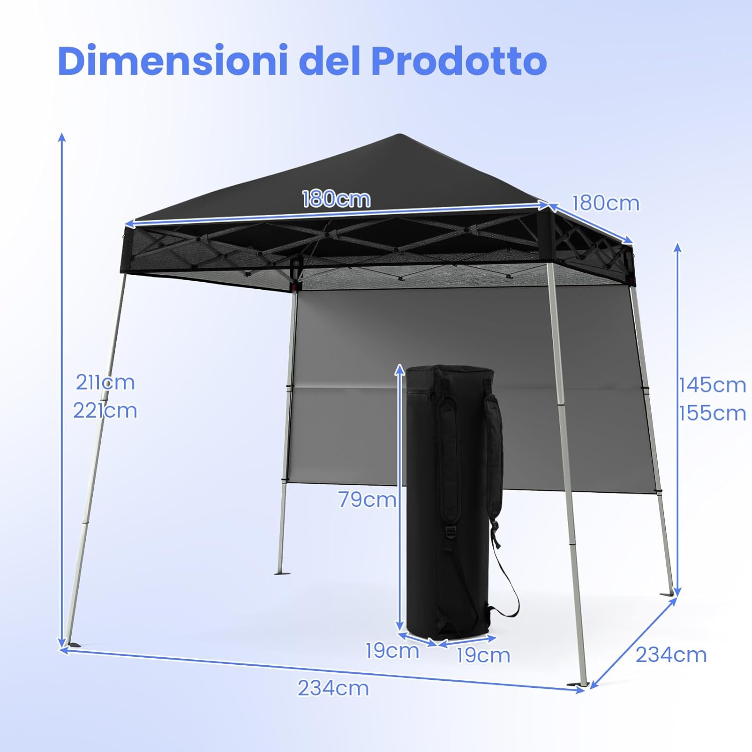 Gazebo Pop-up da Esterno 182 x 182 cm, Gazebo Pieghevole con 1 Parete Laterale, Gambe Inclinabili Regolabili e 4 Picchetti, Tendone Impermeabile per Feste, Campeggio e Picnic (Nero)