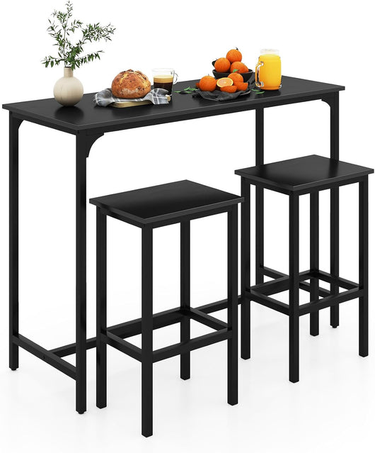 Tavolo con 2 Sgabelli in Metallo e Legno, Set da Pranzo 3 Pezzi, Tavolo Rettangolare da Cucina con 2 Sedie per Sala da Pranzo, Appartamento e Bistro, Stile Retrò (Nero)