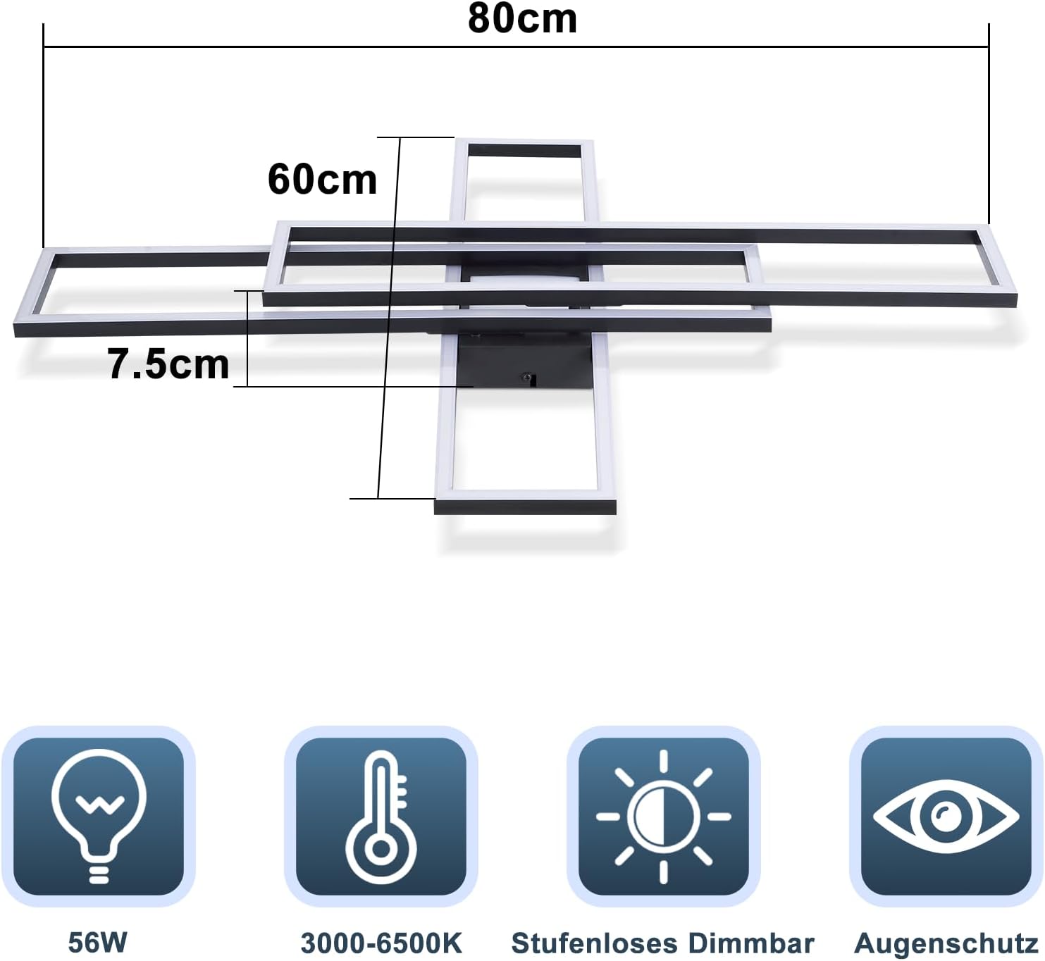 ZMH Lampada da soffitto plafoniera LED 56W nera dimmerabile telecomando design rettangolare per camera letto cucina
