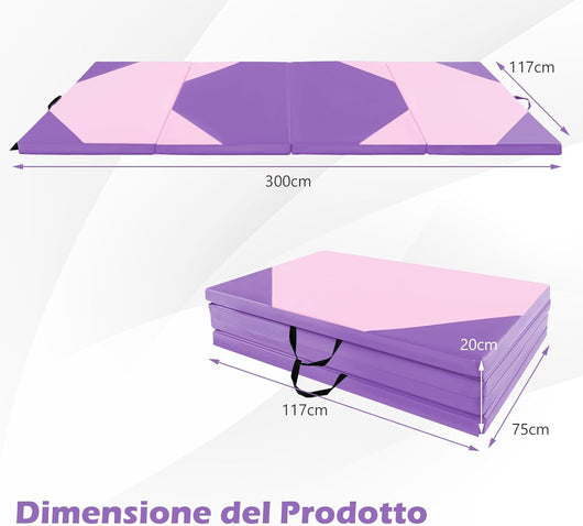 Tappetino Ginnastica Pieghevole 300 CM, Tappetino a 4 Pannelli in Similpelle con Gancio, Chiusure a Strappo e Maniglie per Ginnastica, Yoga e Allenamenti da Casa e Palestra
