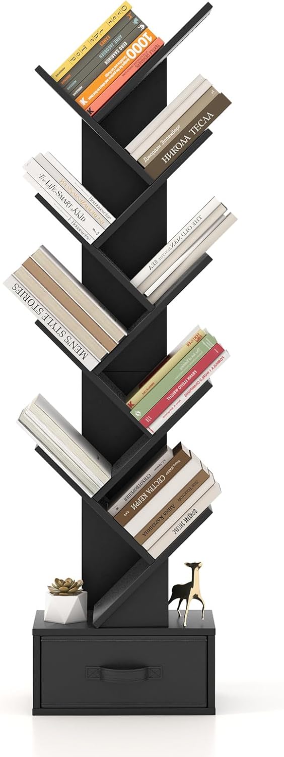 Libreria ad Albero in Legno, Scaffale a 10 Ripiani con Cassetto, Portaoggetti Autoportante per Soggiorno, Studio e Ufficio, 38 x 21,5 x 149,5 cm (Nero)