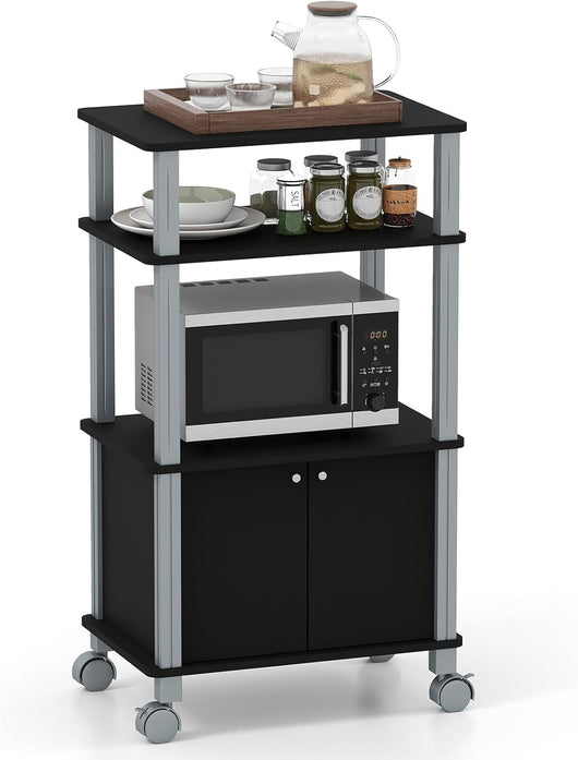 Scaffale da Cucina per Microonde Carrello, con Ruote e 2 Ante, Multifunzionale e Movimento Flessibile, 60x40x98 cm MDF, plastica (Nero)