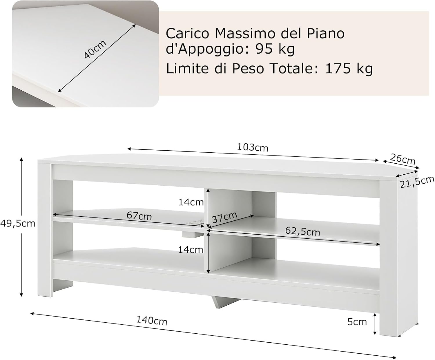Mobile TV con Presa Elettrica per TV Fino a 65”, Mobile Porta TV Angolare, Mobiletto per Soggiorno a 3 Ripiani con 4 Scaffali Aperti, 140 x 40 x 49,5 cm (Bianco)