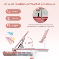 Scrivania per Bambini, Tavolo per Studenti con Regolabile in Altezza, con Piano Ribaltabile, Libreria, Cassetti e Righello di Misurazione, Ergonomica, Ideale per Bambini 3-12 Anni (Pink)