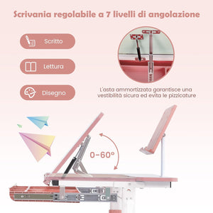 Scrivania per Bambini, Tavolo per Studenti con Regolabile in Altezza, con Piano Ribaltabile, Libreria, Cassetti e Righello di Misurazione, Ergonomica, Ideale per Bambini 3-12 Anni (Pink)