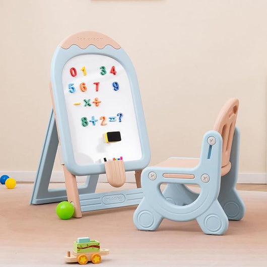 Lavagna Cancellabile con Sedia per Bambini, Set Tavolo e Sedie per Bambini con Scatola Portaoggetti, Piedini Antiscivolo, Cancellino e Pennarelli, Cavalletto per Cameretta (Blu)