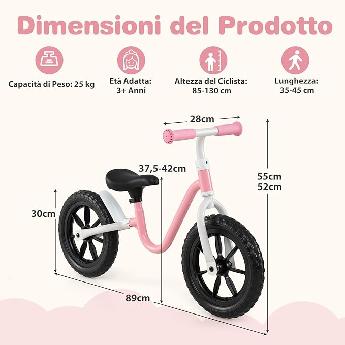 Bicicletta Equilibrio Senza Pedali, con Manubrio e Sella Regolabili in Altezza, Bicicletta Leggera con Telaio in Acciaio al Carbonio, Bici da Regalo per Bambini 3 + Anni
