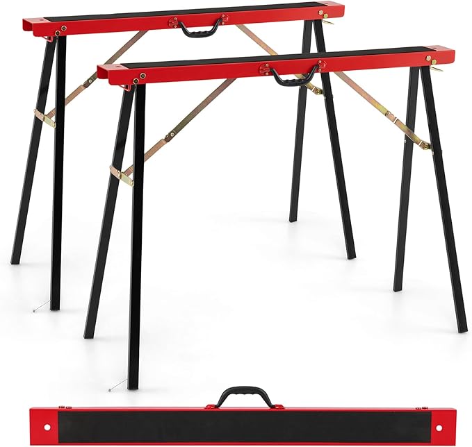 Set di 2 Cavalletti da Lavoro Pieghevoli, Cavalletto per Segare la Legna con Superficie Antiscivolo, Rinforzo a Cerniera e Maniglia, Carico Fino a 375 kg