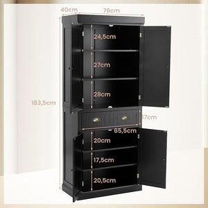 Credenza Alta Cucina, Armadietto Dispensa da Cucina con Portabottiglie, Ripiani Regolabili e 3 Cassetti, per Soggiorno, Cucina e Sala da Pranzo, 106,5 x 42 x 184 cm (Nero)