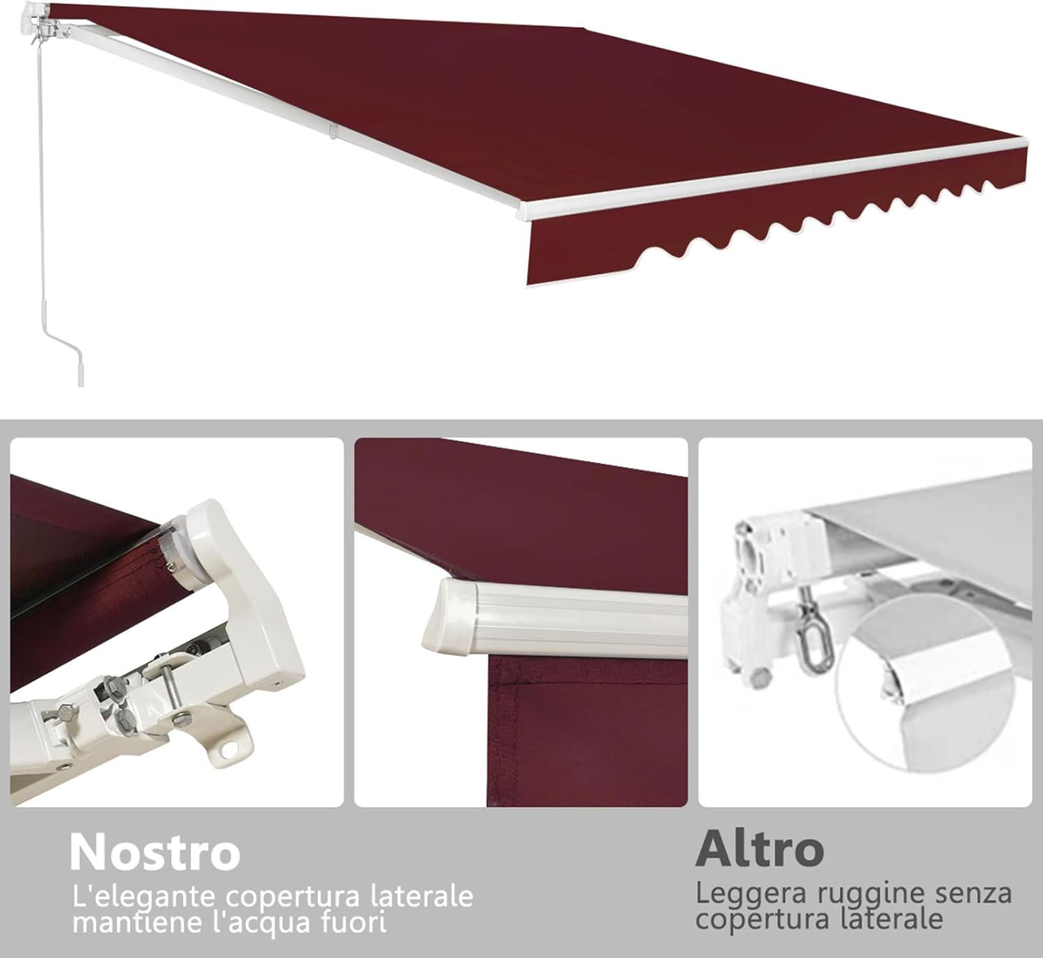 Tenda da Sole per Esterno Avvolgibile 3 x 2,5 M, Tenda da Sole a Bracci Estensibili con Telaio in Alluminio, Tettuccio Resistente al Sole e Impermeabile e Manovella (3 x 2,5 M, Rosso)