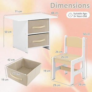 Set Tavolo e 2 Sedie per bambini, Set di Scrivania per Bambini con Ceste Portaoggetti Rimovibili, Mobili Salvaspazio in Legno per cameretta per 3+ Anni (Beige)