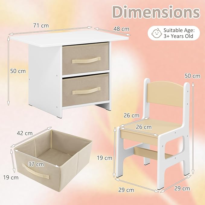 Set Tavolo e 2 Sedie per bambini, Set di Scrivania per Bambini con Ceste Portaoggetti Rimovibili, Mobili Salvaspazio in Legno per cameretta per 3+ Anni (Beige)