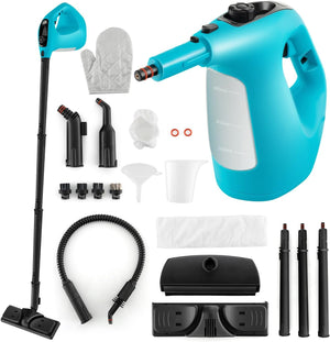 1500W Pulitore a Vapore Portatile, Macchina a Vapore con Serbatoio d'Acqua da 400 ml Blocco per Bambini e Kit di Accessori da 14 Pezzi, 33x13x24,5 cm (Blu)