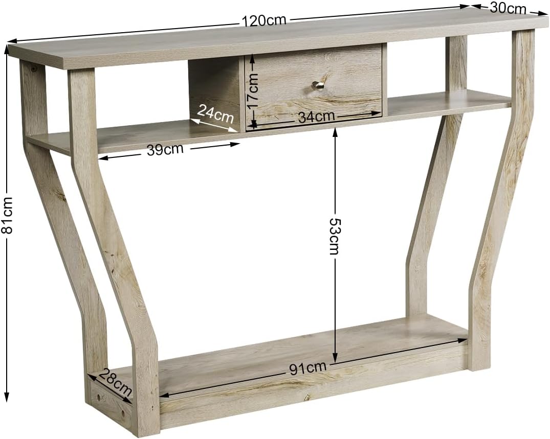 Tavolo Consolle in Legno, Consolle con Cassetto e Ripiani, Tavolo d'Ingresso Multiuso per Salotto, Corridoio e Entrata 120 x 30 x 81 cm (Grigio)