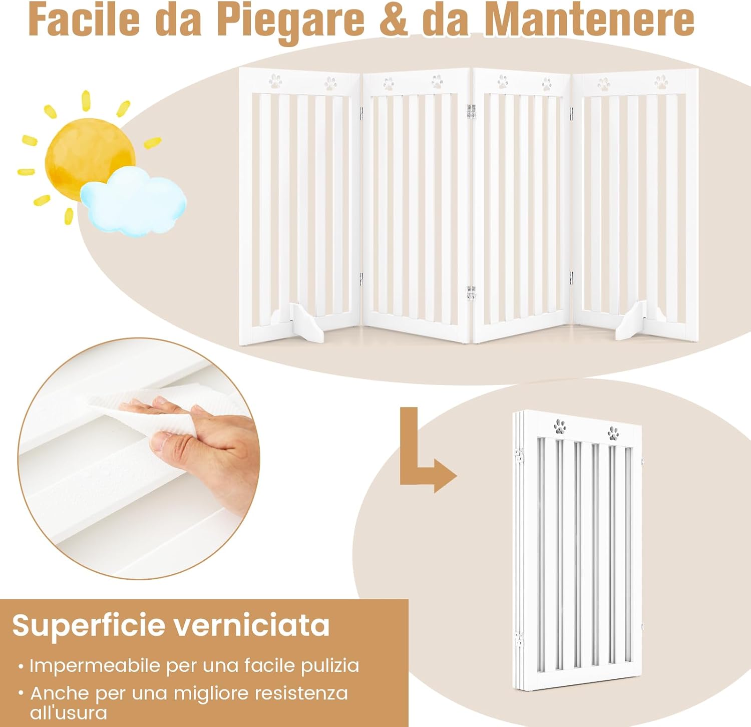 Cancelletto per Cani di Legno Pieghevole, con 3/4 Ante e Cuscinetti Antiscivolo, Ideale per Scale e Porta d'Ingresso, 203 x 89,5 cm (Bianco, 4 Pannelli)