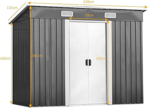 Casetta da Giardino Porta Attrezzi in Lamiera Acciaio Zincato, con Sfoghi, Ante Scorrevoli e Maniglie, Capanno da Esterno per Cortile, Giardino e Fattoria, 238 x 131 x 181 cm