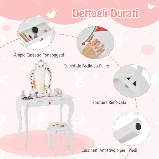 Toeletta Trucco Bambina e Sgabello, Tavolo da Trucco per Bambini 2 in 1 con Specchio Rimovibile e Cassetto Portaoggetti, 3 Anni, Bianco