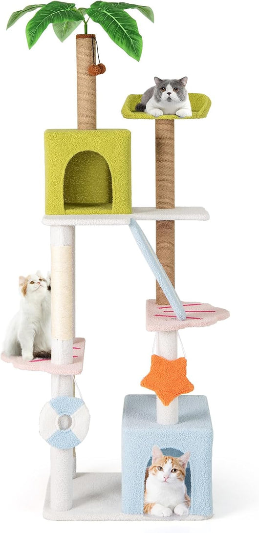 Tiragraffi per Gatto Alto 180 cm Stile Tropicale, Albero Tiragraffi Gatti con Pali con Corda in Juta, Piattaforme, 2 Grotte e Pompon, Torre Gatto Rivestito in Peluche, Blu e Verde