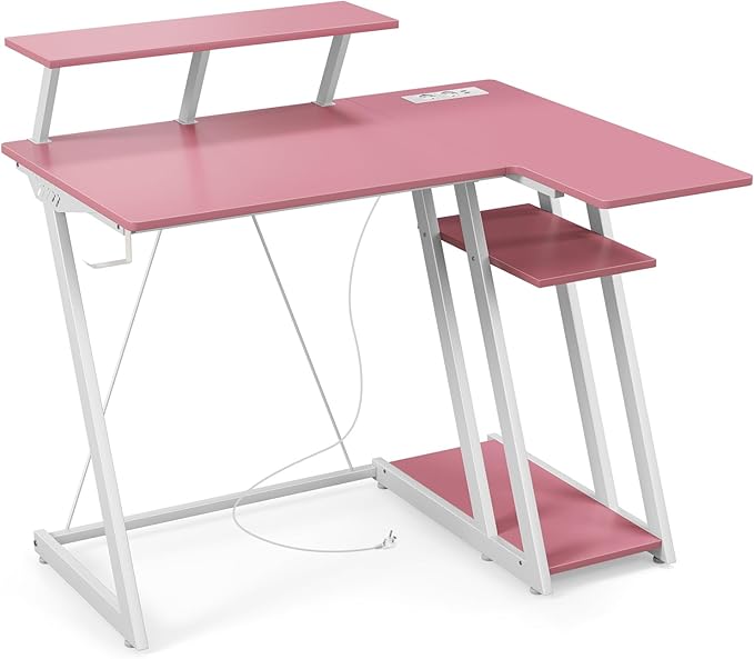 Scrivania Angolare Salvaspazio, Scrivania da Gaming con Prese, Porte USB, Ripiano per Monitor, Gancio per Cuffie, Ripiano e Supporto per CPU, Scrivania ad Angolo per Casa e Ufficio (Rosa)