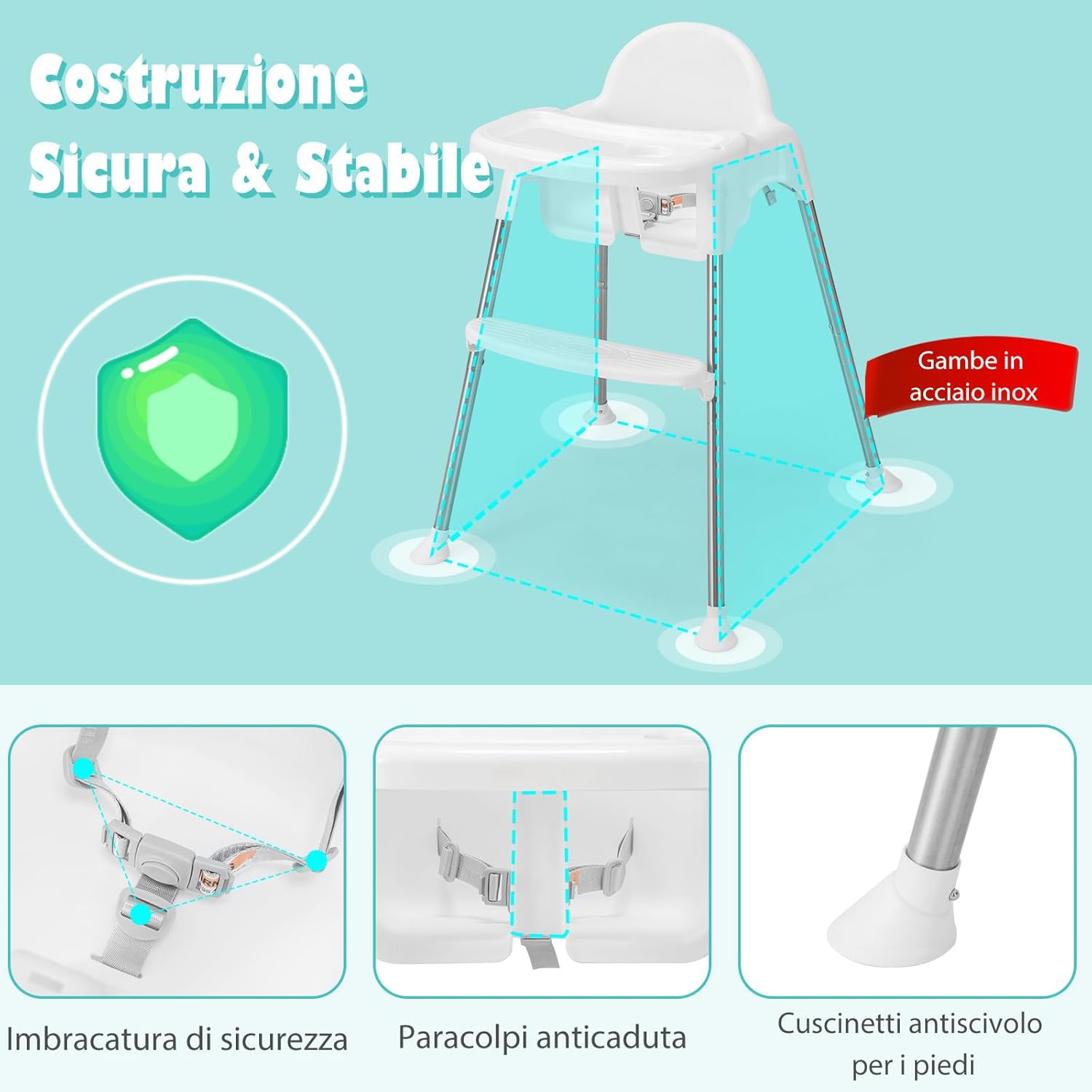 4 in 1 Seggiolone Papa per Bambini, Seggiolone per Neonati con Doppio Vassoio Rimovibile a 2 Posizioni, Cintura di Sicurezza e Poggiapiedi, per Bambini 6-36 Mesi (Bianco)