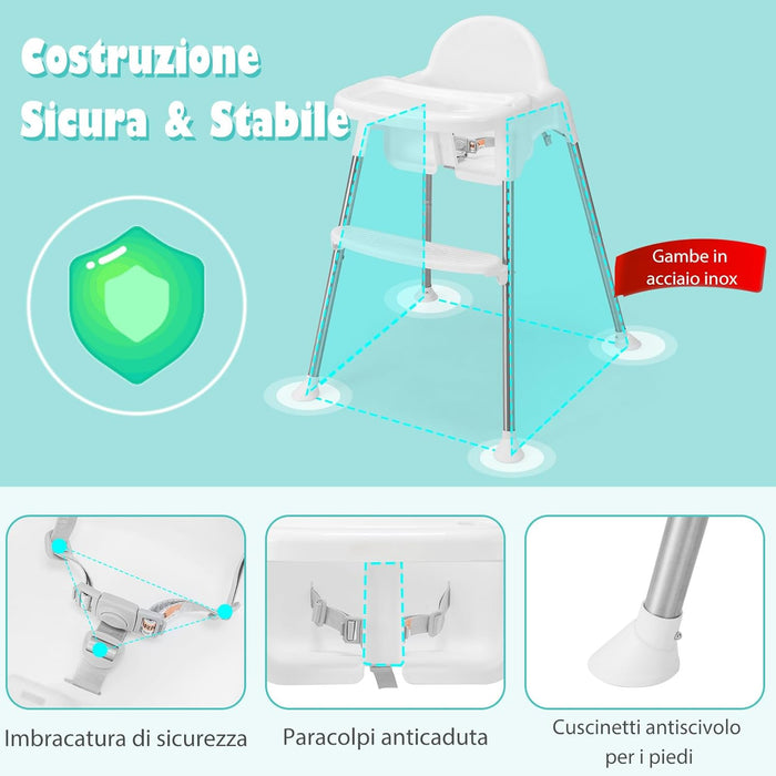 4 in 1 Seggiolone Papa per Bambini, Seggiolone per Neonati con Doppio Vassoio Rimovibile a 2 Posizioni, Cintura di Sicurezza e Poggiapiedi, per Bambini 6-36 Mesi (Bianco)