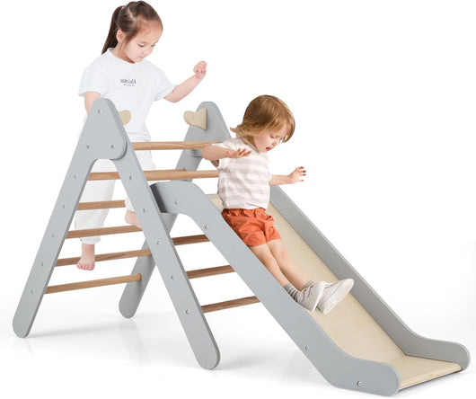 2 in 1 Set da Arrampicata con Scivolo per Bambini, Triangolo di Arrampicata in Legno Regolabile a Gradi, Giocattolo per Arrampicarsi all’Interno, 1 Anno+ (Grigio)