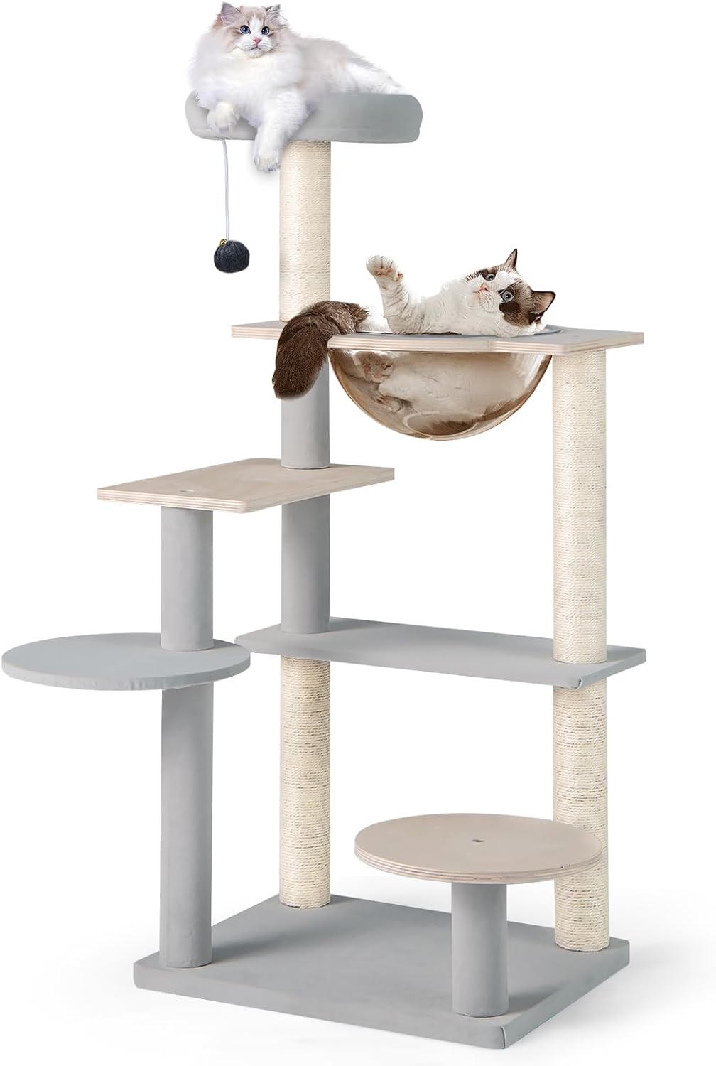 Tiragraffi per Gatto Alto 113 cm con Capsula Spaziale, Albero Tiragraffi Gatti con 4 Pali in Sisal, Piattaforme, Trespolo e Pompon, Torre Gatto in Legno Solido, Naturale e Grigio