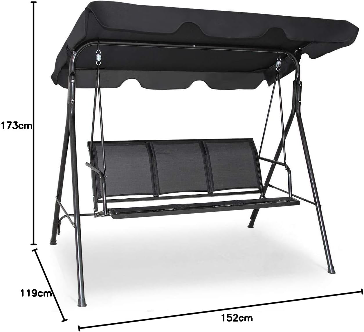 Dondolo da Giardino a 3 Posti, con Tettuccio Parasole Regolabile, Sedia a Dondolo da Giardino con Telaio in Acciaio, 173 x 119 x 152 cm (Nero)