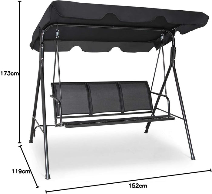 Dondolo da Giardino a 3 Posti, con Tettuccio Parasole Regolabile, Sedia a Dondolo da Giardino con Telaio in Acciaio, 173 x 119 x 152 cm (Nero)