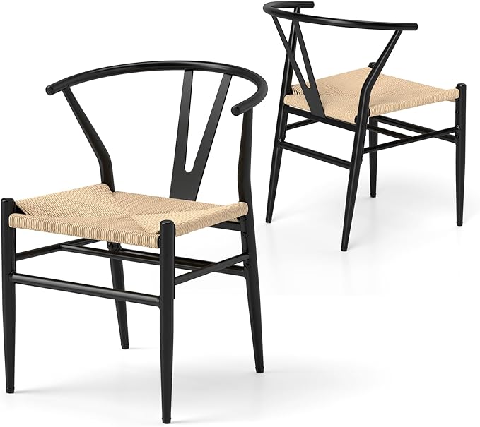 Set di 2 Sedie Sala da Pranzo, Sedie Moderna in Metallo con Seduta Intrecciato, Schienale a Forma di Y e Braccioli, Poltrone per Ufficio, Cucina e Ristorante, 46 x 59 x 73 cm (Nero e Naturale)