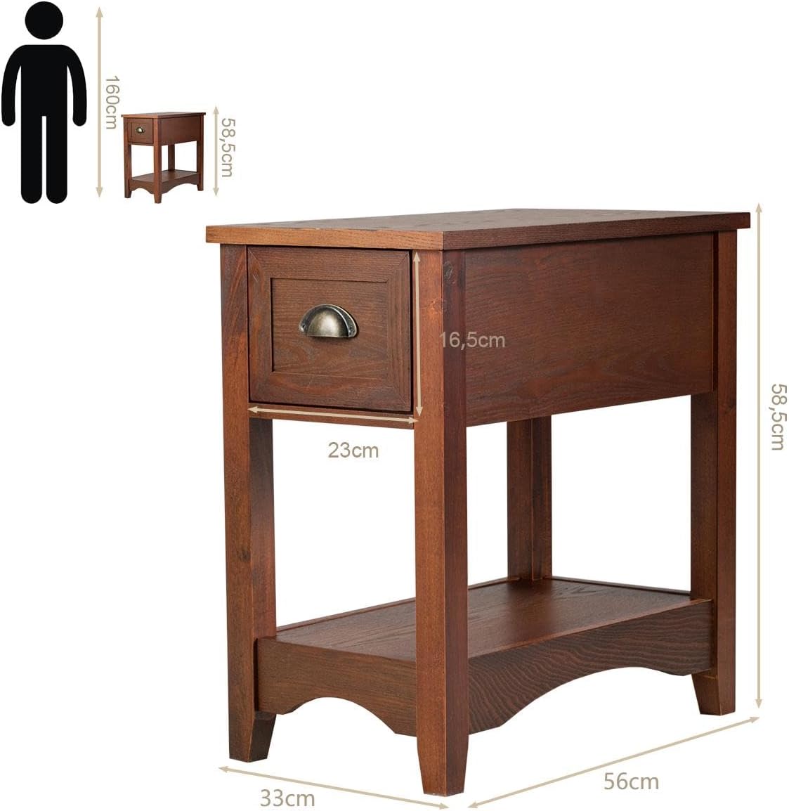 Tavolino da Salotto in Legno Massello, Comodino con 1 Cassetto e 1 Ripiano, Tavolino Basso da Soggiorno e Camera da Letto (56 x 33 x 58,5 cm, Legno di ciliegio, 2)