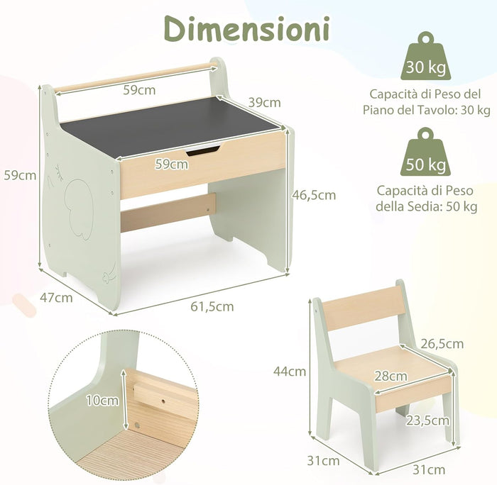 Tavolo a Forma di Elefante con Sedie 2 in 1, Set Tavolo e Sedie in Legno con Piano Rimovibile, Spazio di Archiviazione e Porta Rotolo di Carta per Aula per Cameretta, Aula e Asilo, Verde