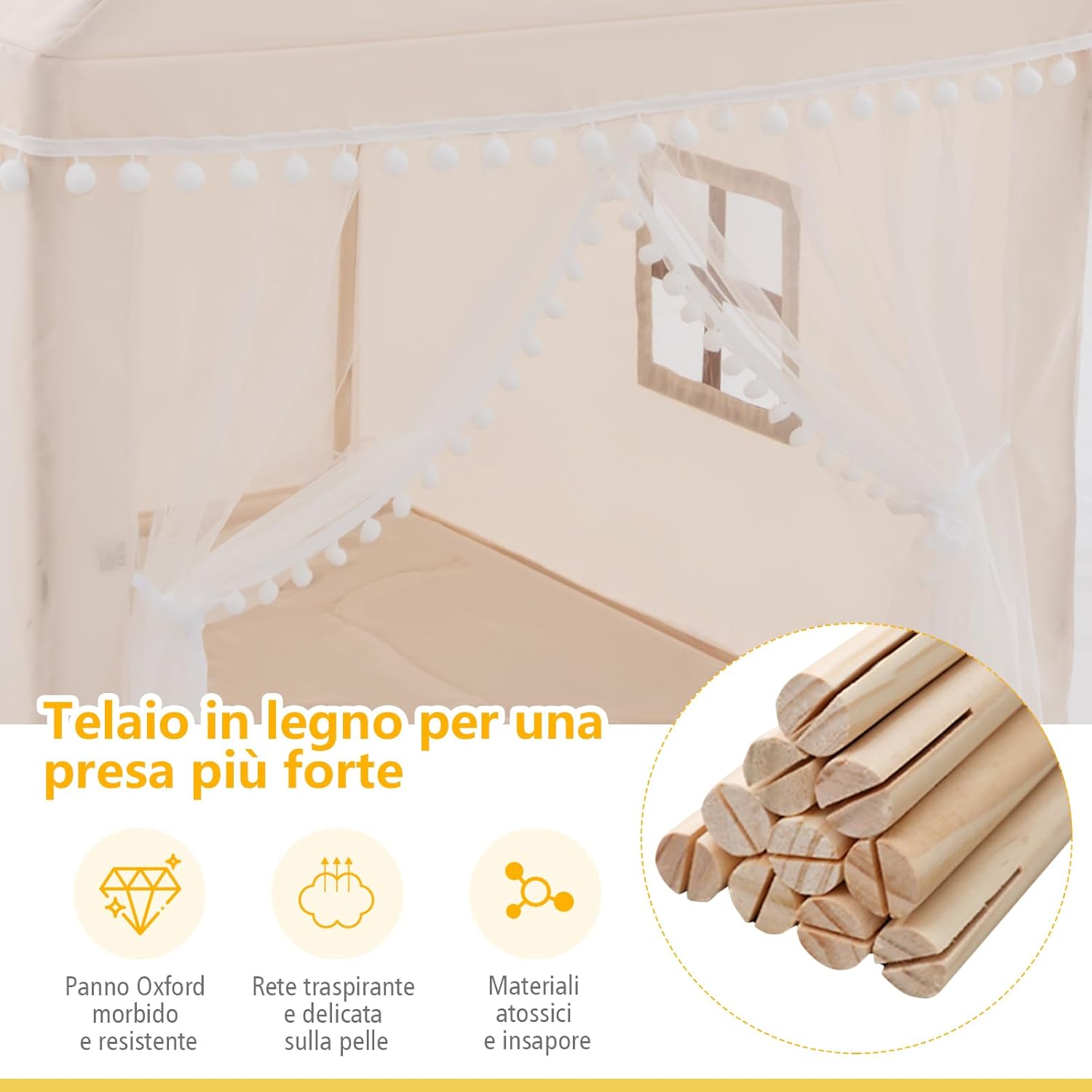 Tenda da Gioco Casetta per Bambini, Castello Giocattolo in Legno Cotone, con Struttura Stabile e Finestre Traspirabili, 105x120x140 cm (Beige)