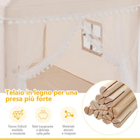 Tenda da Gioco Casetta per Bambini, Castello Giocattolo in Legno Cotone, con Struttura Stabile e Finestre Traspirabili, 105x120x140 cm (Beige)