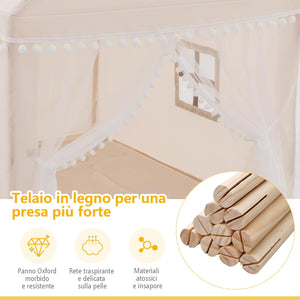 Tenda da Gioco Casetta per Bambini, Castello Giocattolo in Legno Cotone, con Struttura Stabile e Finestre Traspirabili, 105x120x140 cm (Beige)