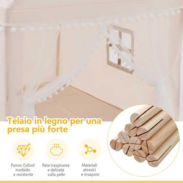 Tenda da Gioco Casetta per Bambini, Castello Giocattolo in Legno Cotone, con Struttura Stabile e Finestre Traspirabili, 105x120x140 cm (Beige)
