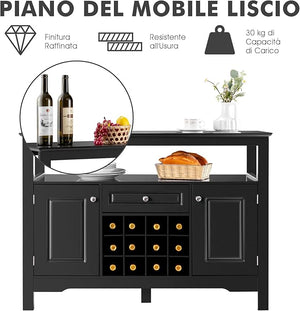 Credenza Moderna con Tanto Spazio, Credenza Cucina con Porta Bottiglie di Vino a Forma Incrociata, Mensola Aperta, 2 Armadietti e Cassetto, 117 x 40,5 x 82,5 cm (Nero)