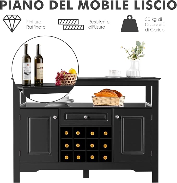 Credenza Moderna con Tanto Spazio, Credenza Cucina con Porta Bottiglie di Vino a Forma Incrociata, Mensola Aperta, 2 Armadietti e Cassetto, 117 x 40,5 x 82,5 cm (Nero)