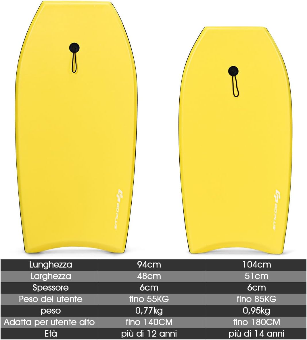 Tavola da Surf in XPE, EPS e HDPE, Tavola Surf Bambini e Adulti, Tavoletta Mare con Leash per Polso, Portata 85 kg, Disponibile in Vari Colori, 104 x 51 x 6 cm (Giallo)