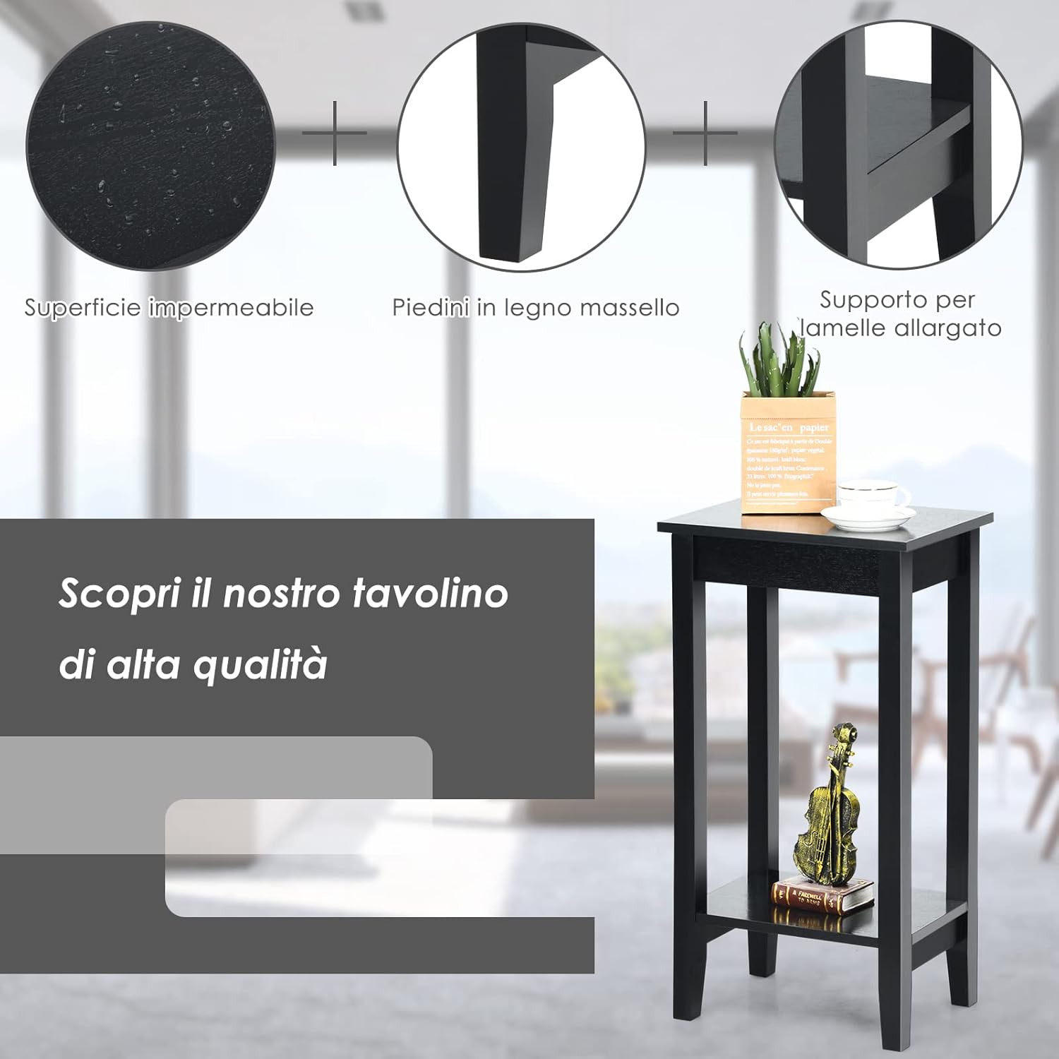 Tavolino da Salotto Alto a 2 Livelli Aperti, Tavolino Comodino in Legno di Pino Massicio, Tavolino Moderno Portaoggetti per Soggiorno e Camera da Letto, 40 x 30 x 73,5 cm (1, Nero)