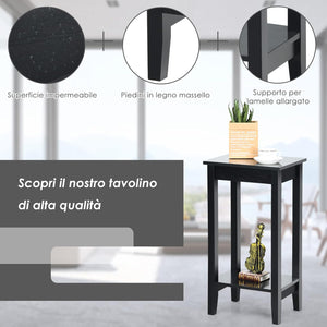 Tavolino da Salotto Alto a 2 Livelli Aperti, Tavolino Comodino in Legno di Pino Massicio, Tavolino Moderno Portaoggetti per Soggiorno e Camera da Letto, 40 x 30 x 73,5 cm (1, Nero)