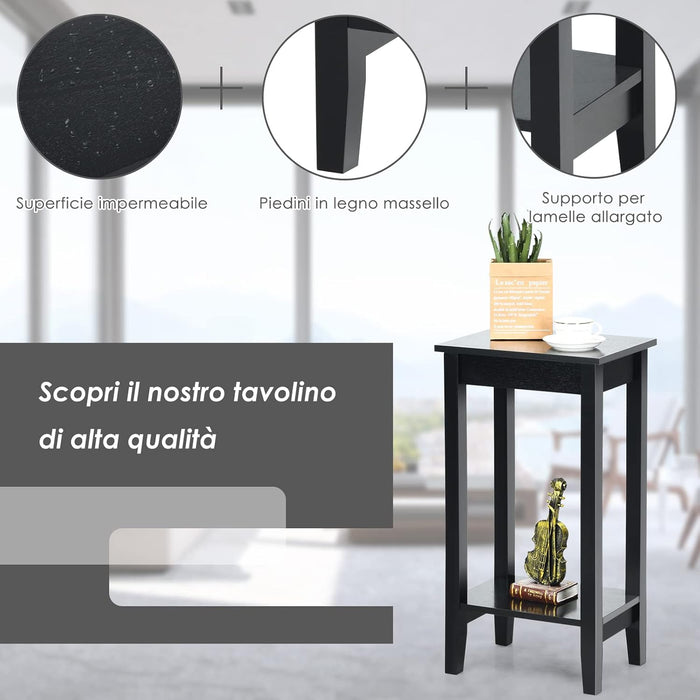 Tavolino da Salotto Alto a 2 Livelli Aperti, Tavolino Comodino in Legno di Pino Massicio, Tavolino Moderno Portaoggetti per Soggiorno e Camera da Letto, 40 x 30 x 73,5 cm (1, Nero)