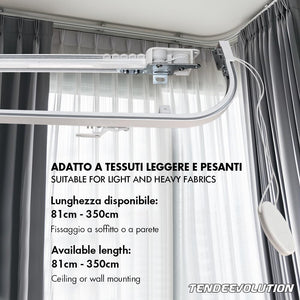 Binario Scorritenda da Soffitto in Alluminio Bianco, Curve Sporgenti 22cm, Movimento a Corda, Apertura Destra CM lunghezza 200cm