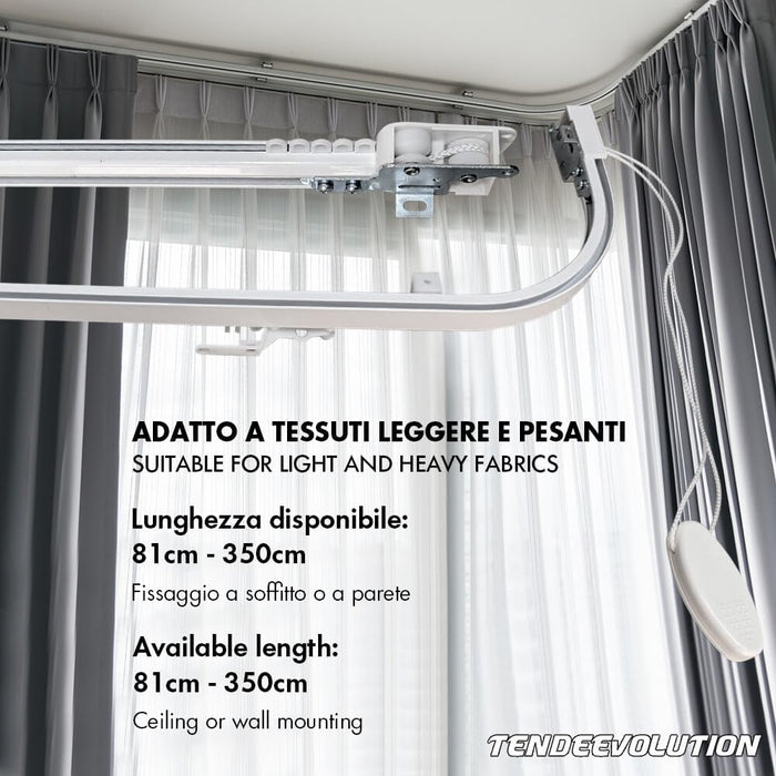 Binario Scorritenda da Soffitto in Alluminio Bianco, Curve Sporgenti 22cm, Movimento a Corda, Apertura Destra CM lunghezza 200cm