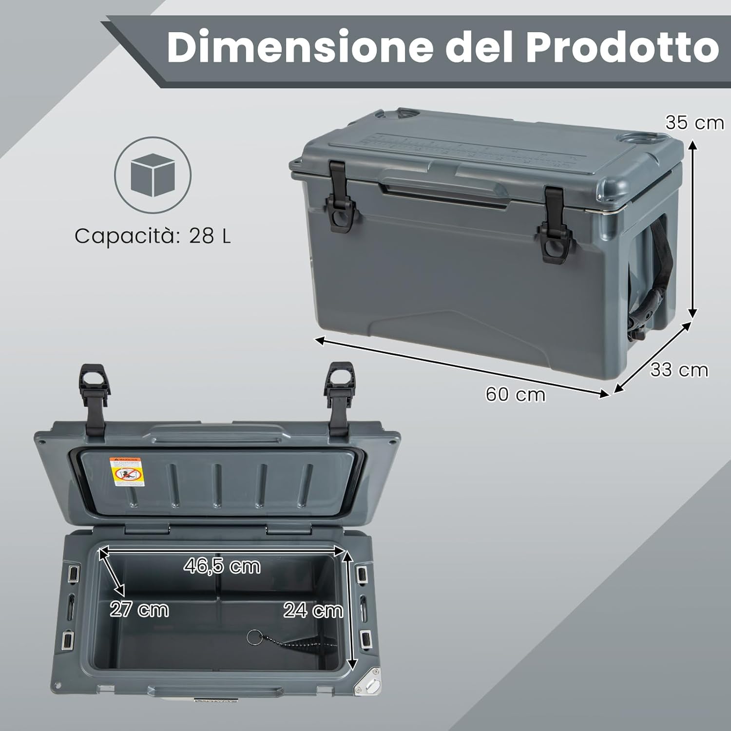 Frigorifero da Campeggio da 28 Litri, Frigo Portatile con Manico Resistente e Scarico, Freddo Fino 5-7 Giorni con Portabicchieri Integrati per Barbecue, Campeggio, Picnic, Pesca