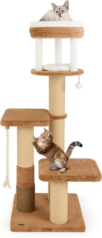 Tiragraffi per Gatto Alto 165 cm, Albero Tiragraffi Gatto con 4 Piattaforme, 4 Pali Sisal, Spazzola, Corda e Palla Pompon, Torre Tiragraffi per Gatti Imbottito Rimovibile, Caramello