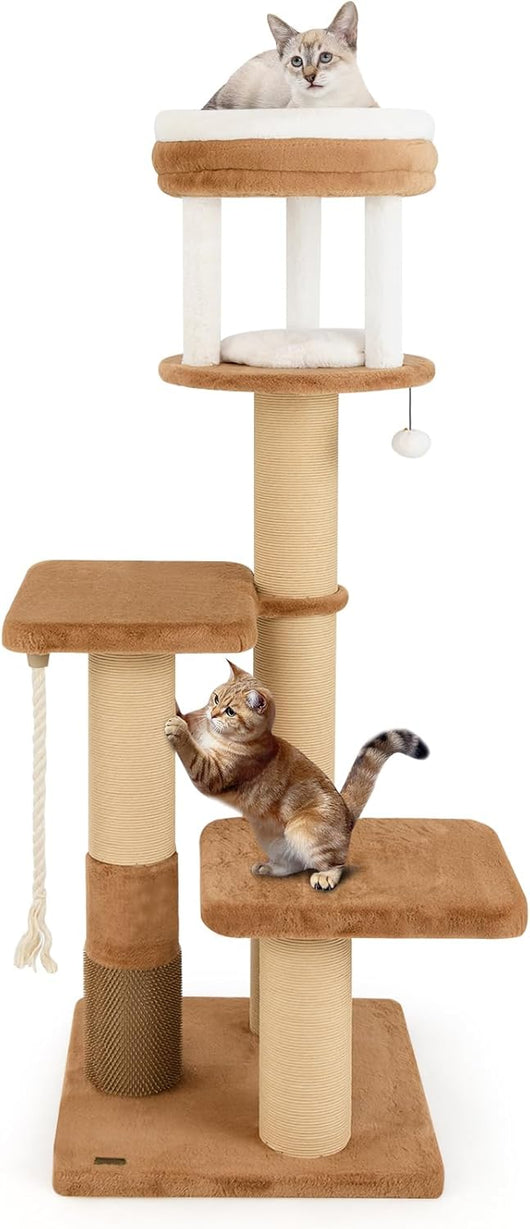 Tiragraffi per Gatto Alto 165 cm, Albero Tiragraffi Gatto con 4 Piattaforme, 4 Pali Sisal, Spazzola, Corda e Palla Pompon, Torre Tiragraffi per Gatti Imbottito Rimovibile, Caramello