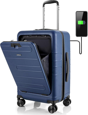 Valigia Bagaglio da 20" con Tasca Frontale, Porta USB, Tavolino Pieghevole, Valigia con Serratura, Ruote Girevoli, Manico Regolabile, Trolley Valigia Rigida Bagaglio da Viaggio (Blu)