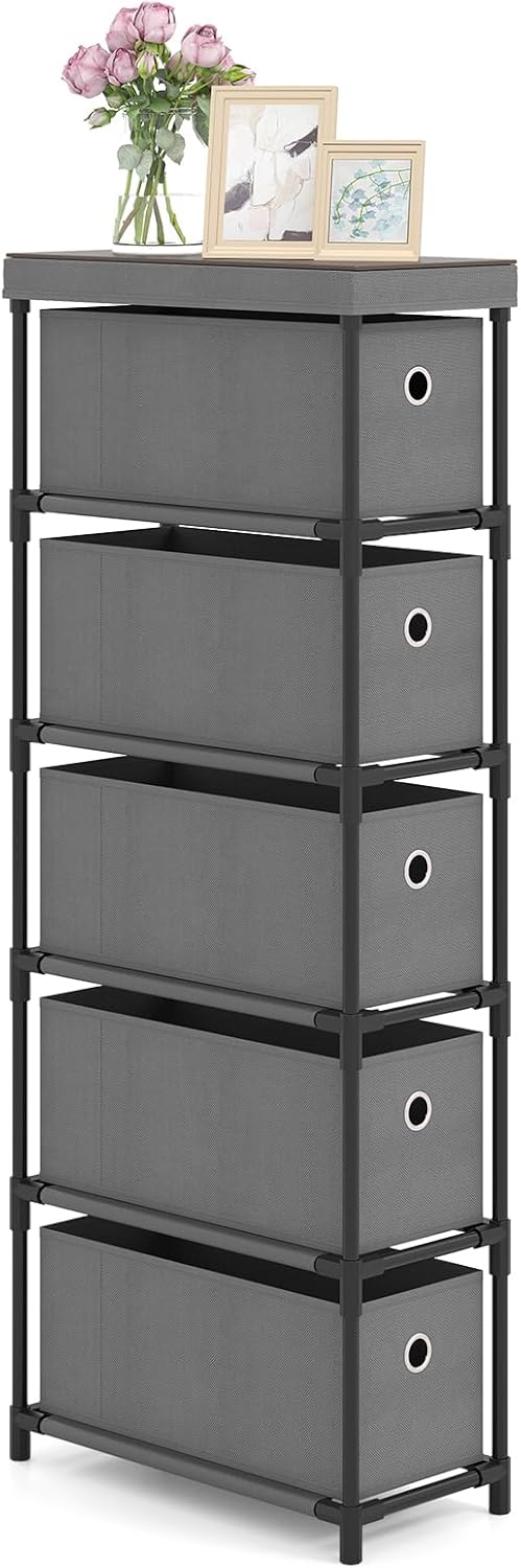 Comò con 5 Cassetti, Cassettiera Stretta in Tessuto con Struttura in Metallo e Legno, Torre Portaoggetti Salvaspazio, per Soggiorno, Camera da Letto e Corridoio (40 x 19 x 100 cm,Grigio)