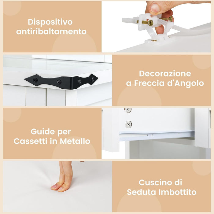 Toeletta da Trucco con Luci LED a 3 Colori Luminosit¨¤ Regolabile, Tavolo da Trucco con Specchio Scorrevole e Piano di Vetro, Postazione Trucco con 4 Cassetti e Ripiani Regolabili, Bianco